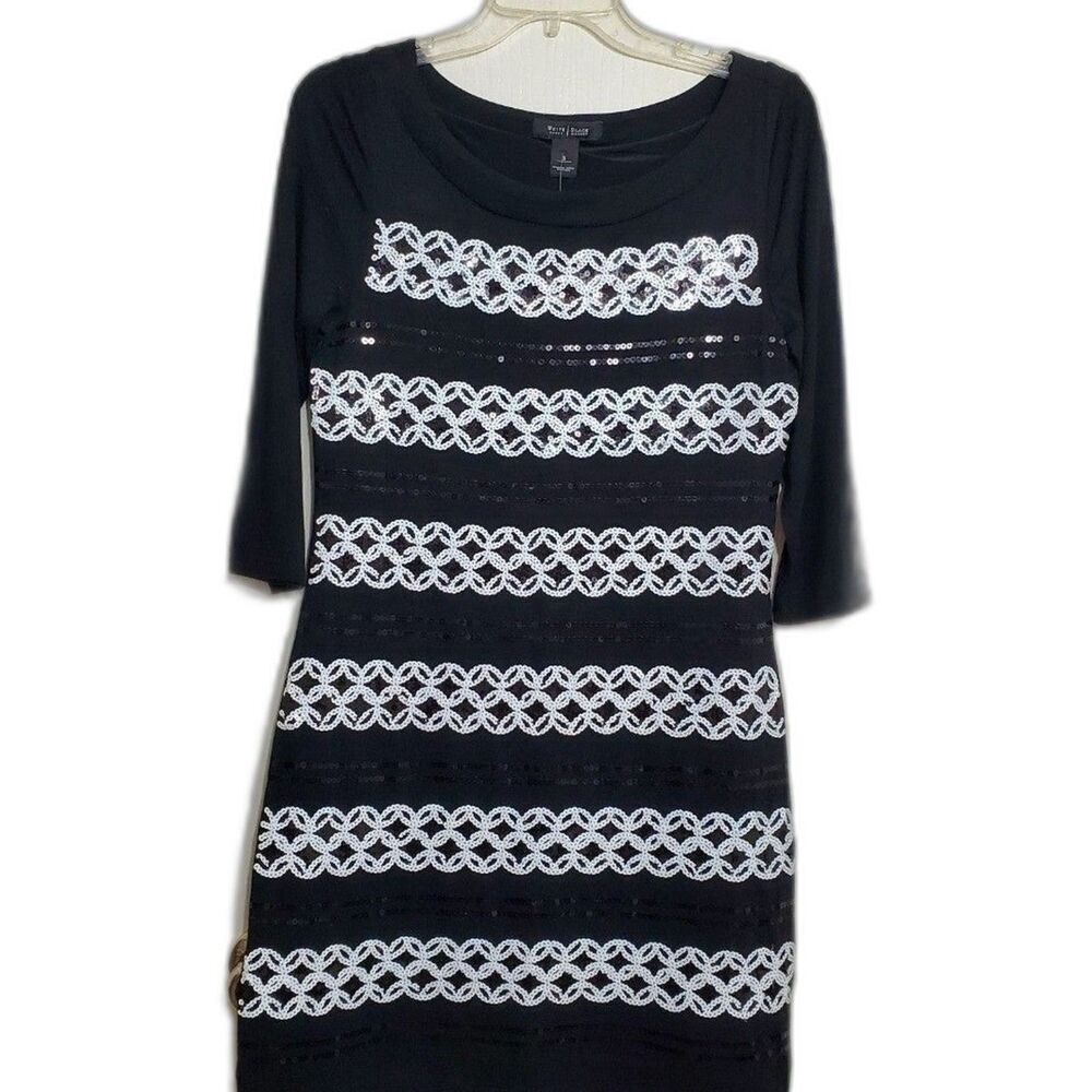White House Black Market WHBM Dress Cocktail Evening Sequined Black White Small